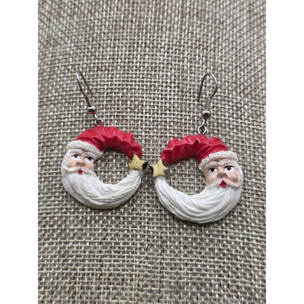 Santa Claus Moon Shaped Dangle Drop Pierced Earrings